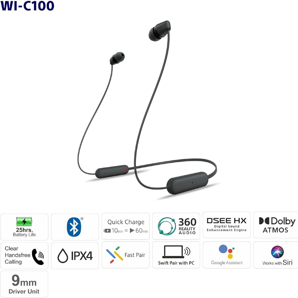 Sony WI-C100 Bluetooth-nappikuulokkeet – Langaton vapaus arkeen, pitkä akunkesto