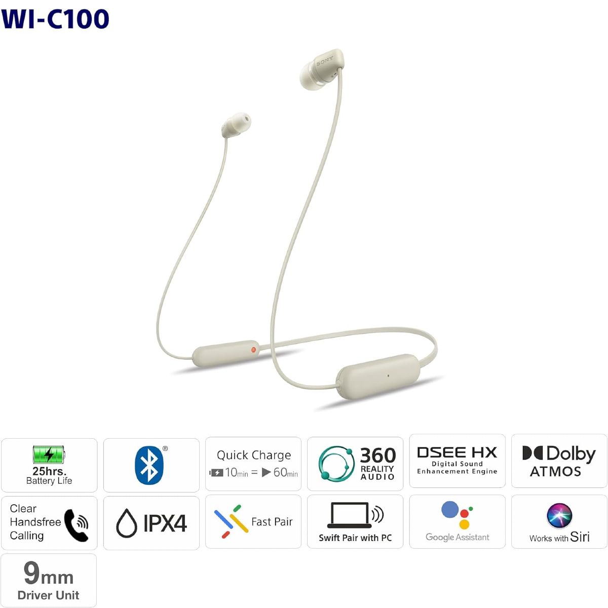 Sony WI-C100 Bluetooth-nappikuulokkeet – Langaton vapaus arkeen, pitkä akunkesto