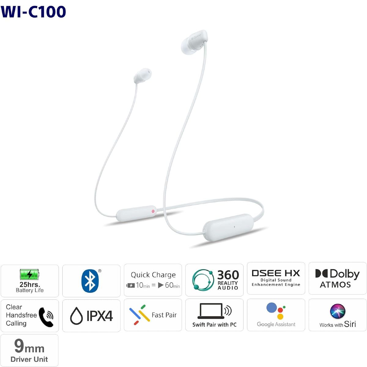 Sony WI-C100 Bluetooth-nappikuulokkeet – Langaton vapaus arkeen, pitkä akunkesto
